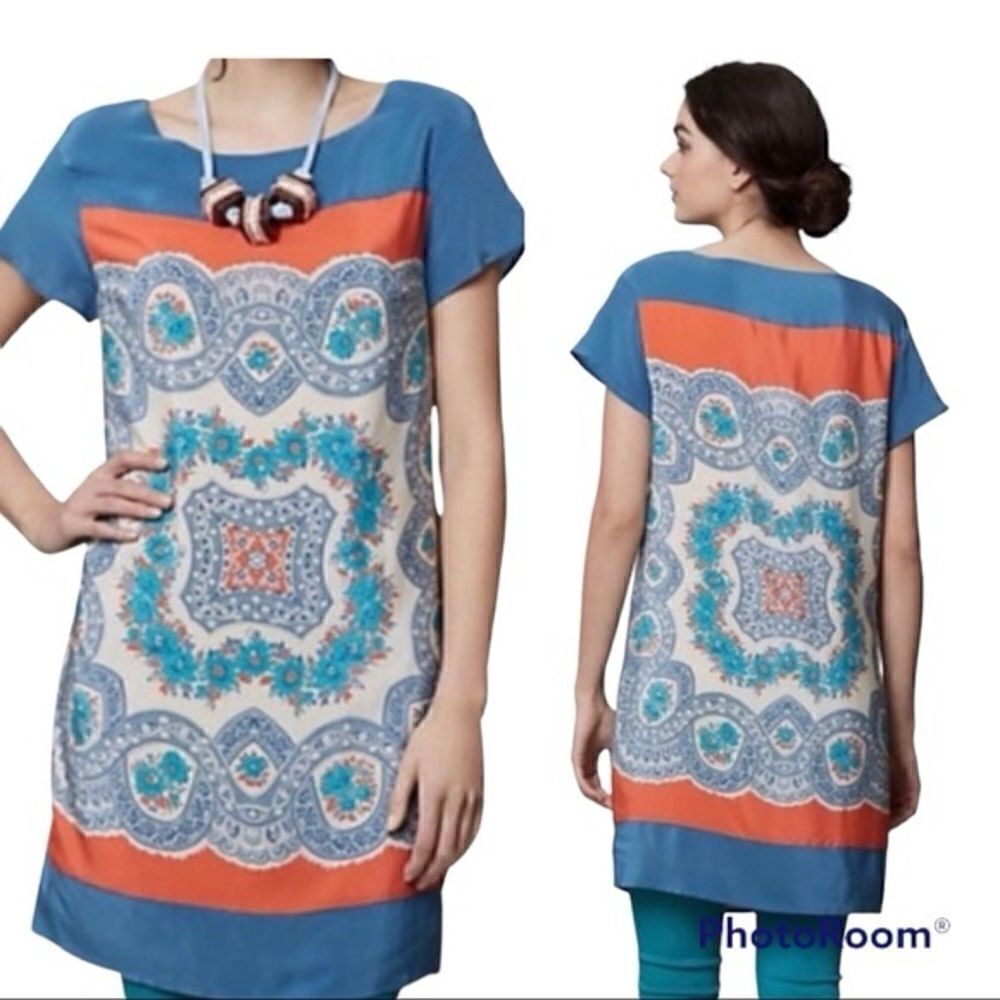 Anthropologie Meadow Rue Silk Tunic Dress in Blue and Red Boho pattern- Size M